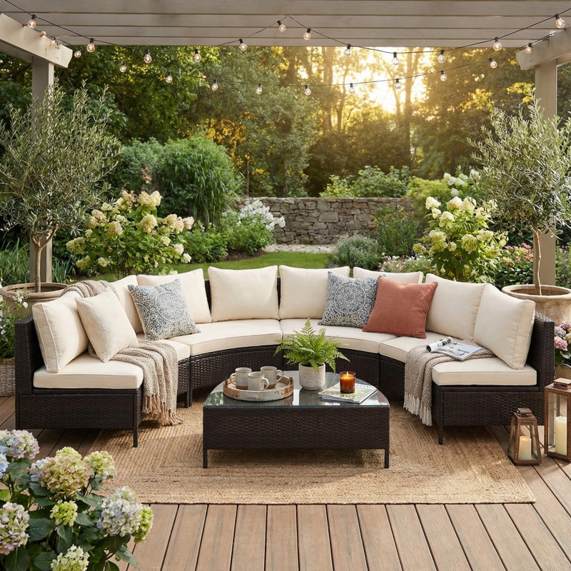 Ensemble de canapé modulaire 5 pièces demi-lune en osier résistant aux intempéries, ensemble de mobilier de patio pour l'extérieur avec table en verre trempé pour le jardin, la cour arrière et le balcon