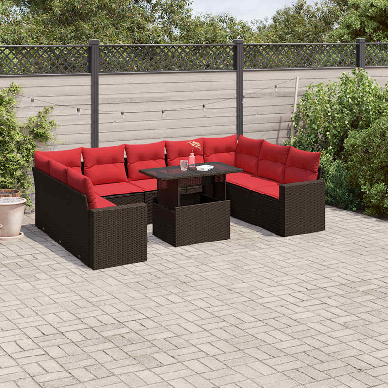 Ensemble de canapé de patio 10 pièces avec coussins en rotin de polyester, Rouge, Brun
