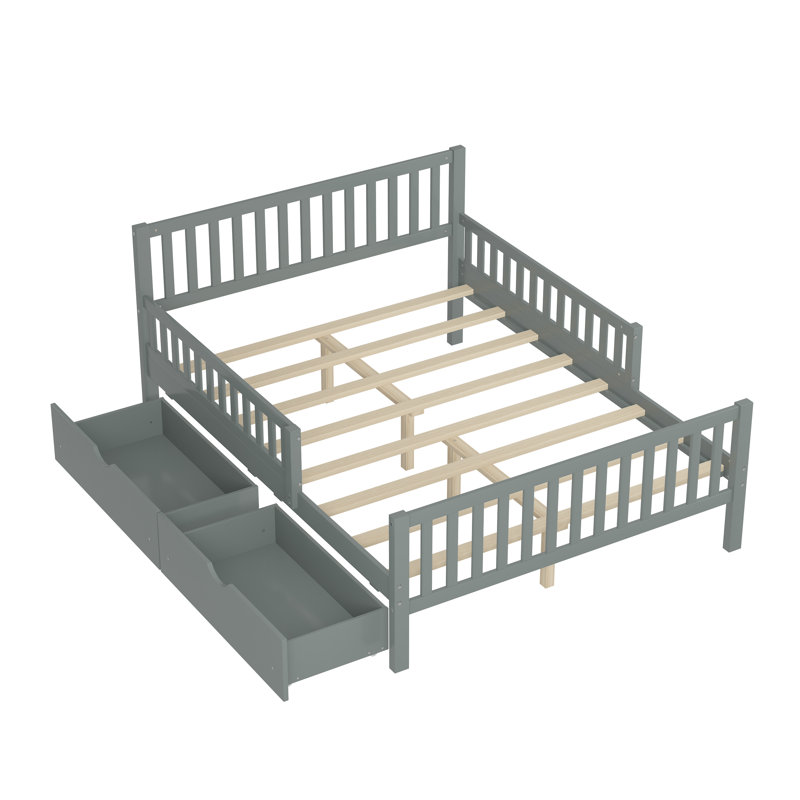 Plateforme simple classique avec garde-corps en pin et tiroirs de rangement, Gris, Double