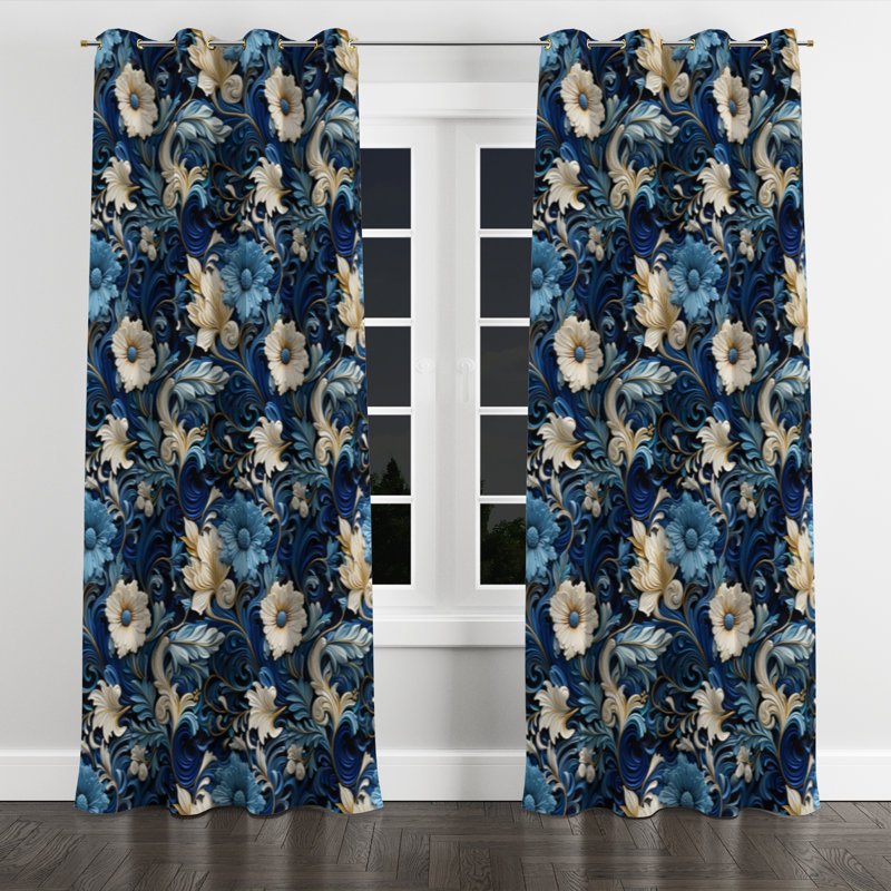 Avalie - Floral Blackout Grommet Curtain - 1 panel, 52" W x 63" L, Golden Grommets