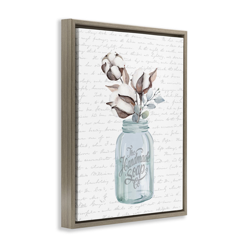 Art mural sur toile flottant à la main avec pot de savon et fleur de coton, H 25 po x l 31 po, Cadre flottant orme Montalcino
