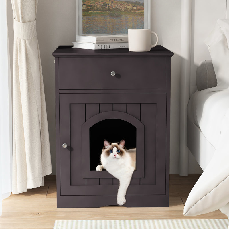 Enceinte de litière pour chat en bois massif avec table d'appoint et tiroir, caisse intérieure, table de chevet brune pour chat, table, maison