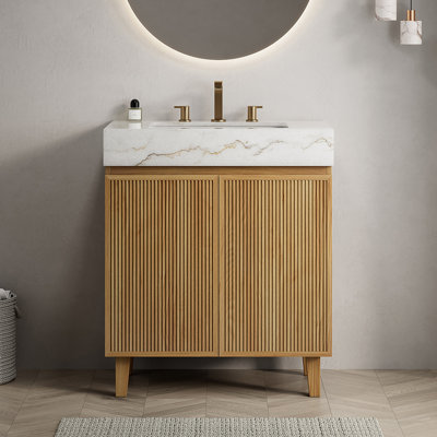Meuble-lavabo scandinave de 76 cm (30 po), meuble-lavabo autoportant avec comptoir en pierre frittée et porte à fermeture douce, 3 trous prépercés pour robinetterie