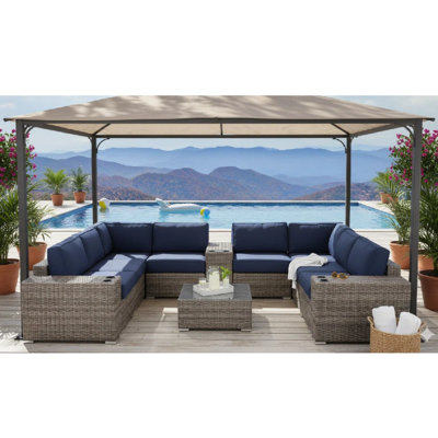 Ensemble modulaire d'extérieur en osier 12 pièces avec coussins Sunbrella et table en verre entièrement assemblés
