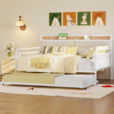 Daybed with Trundle, Sturdy Metal Full Size Bed Frame with Upholstered Headboard