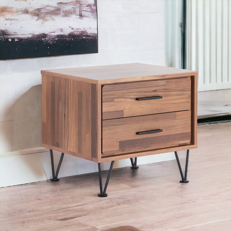 Wooden Accent Table With Walnut Finish And 2 Drawers Metal Guides