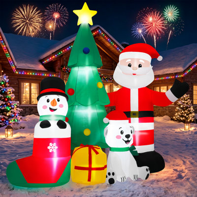 Décoration de jardin d'extérieur gonflable pour père Noël et arbre de Noël avec bonhomme de neige 7 pi avec lumières à DEL intégrées, explosion rapide de 10 s