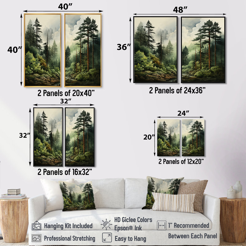 Forêt de pins - décoration murale traditionnelle verte, Noir, H 36 po x l 48 po, Reproduction encadrée sans passe-partout