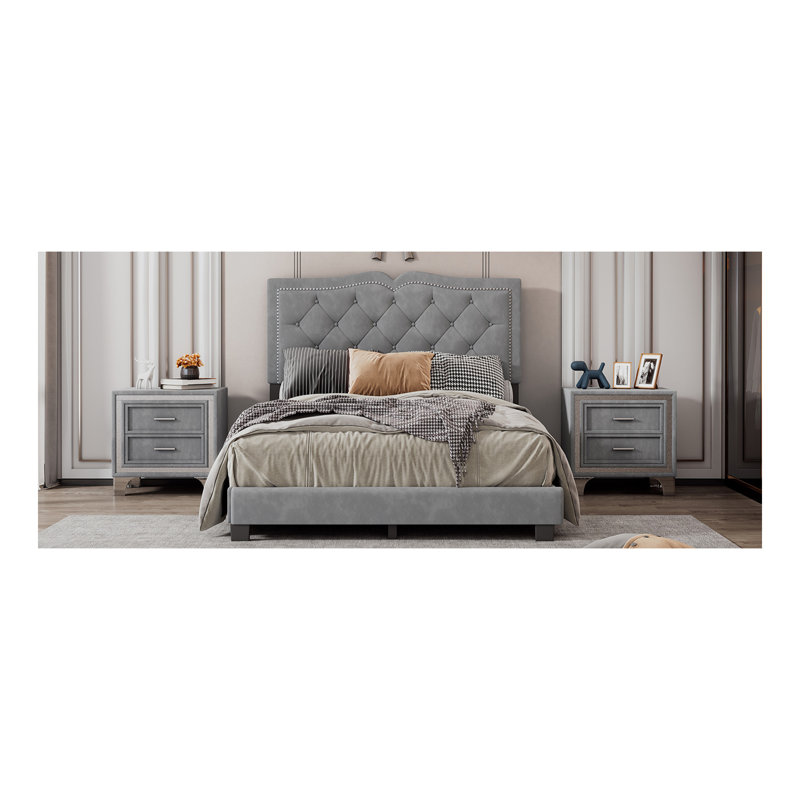 Structure de lit double pleine grandeur avec motif de rivets, lit plateforme moderne en velours avec tête de lit capitonnée, gris