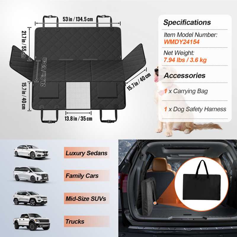 Housse de siège pour chien VEVOR imperméable 600D pour voitures, L 84,65 po x P 61,81 po x H 0,12 po, Noir, noir, noir, noir