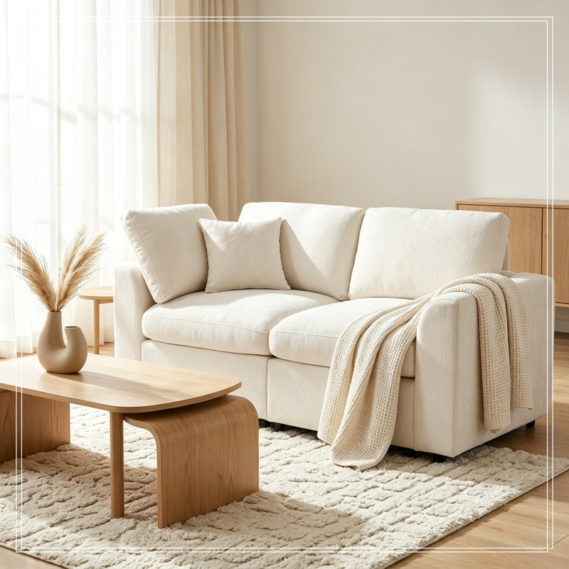 Causeuse en chenille avec structure en bois et coussin décoratif, Beige