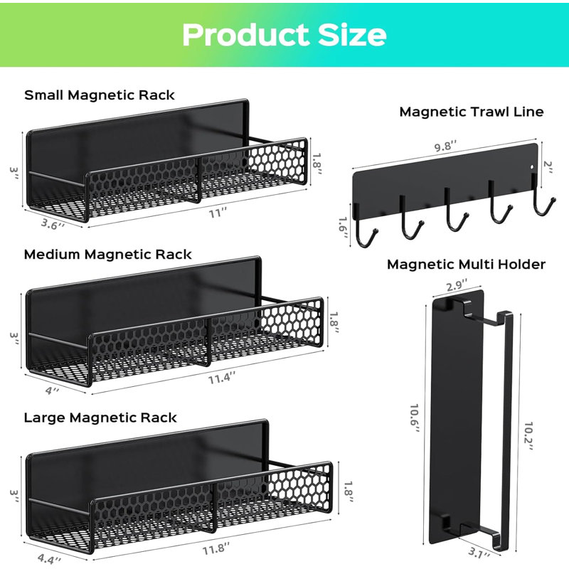 Magnetic Shelves 5-pack For Laundry Room & Kitchen Organization, Heavy Duty No Drill Refrigerator And Washing Machine Shelves With Spice Rack, Hanger Stacker And Utensil Hooks