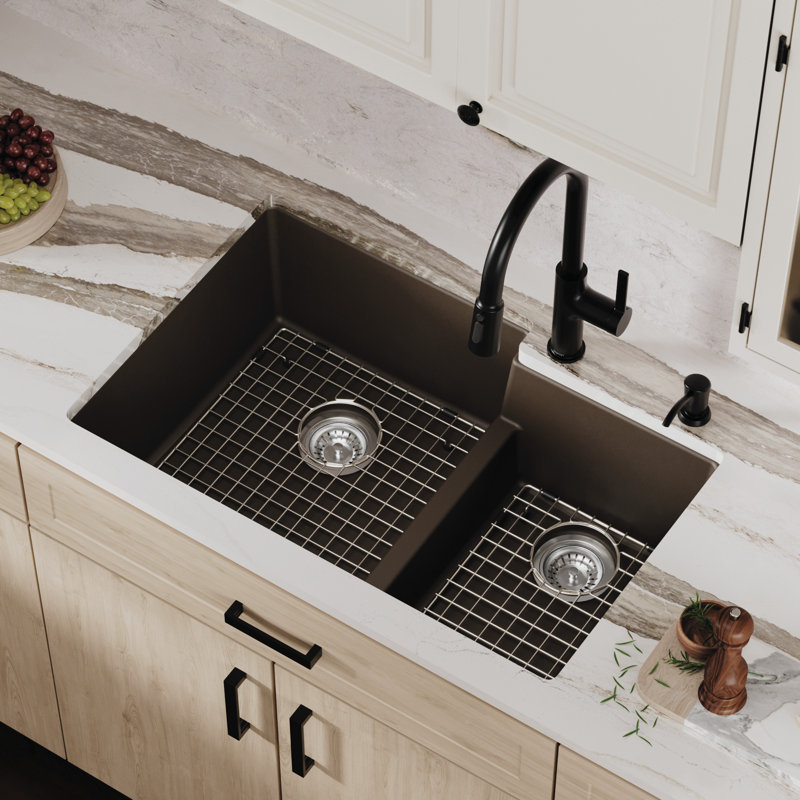 Karran Quartz 32'' X 21-1/4'' Double Bowl 60/40 Undermount Kitchen Sink Kit, Brown
