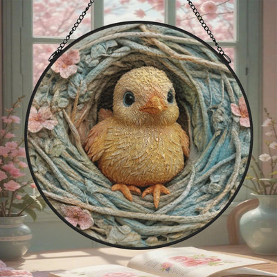 Oiseau bébé dans un nid de fleurs, vitrail attrape-soleil pour décoration de fenêtre