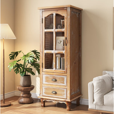 Armoire de rangement en bois antique brun rustique avec porte découpée décorative et 2 tiroirs, grand organisateur étroit pour le salon et la chambre à coucher