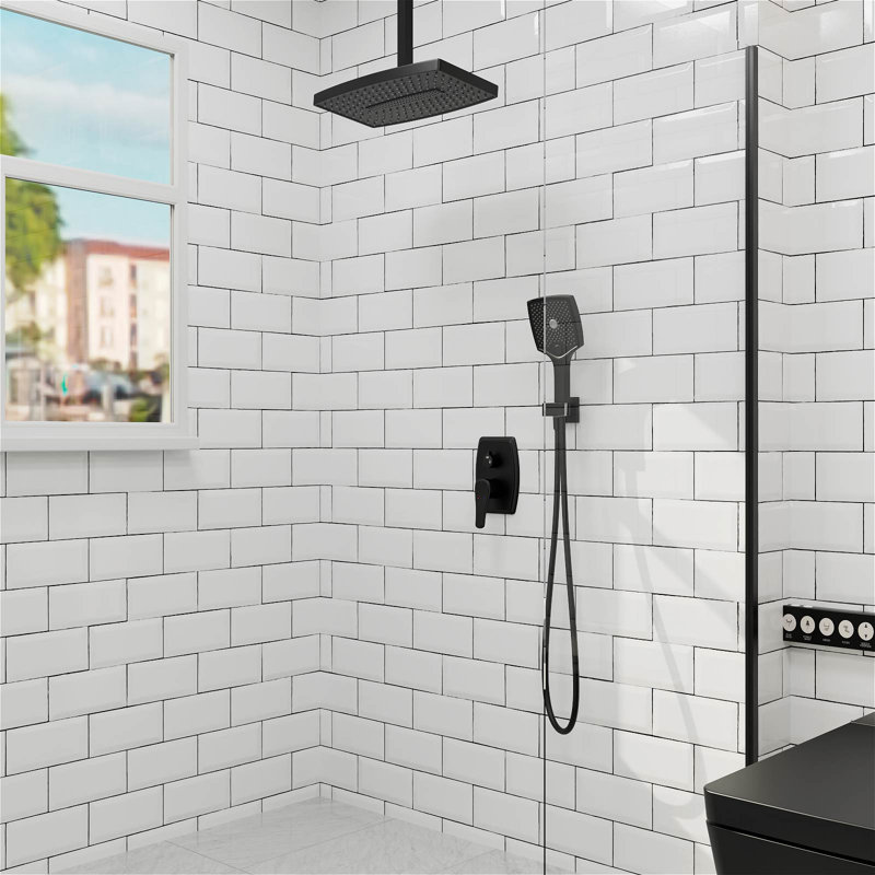 Shower Systems with 14"Rain Shower and High Pressure Handheld Spray, Celling Mount, Rough in-Valve, Matte Black
