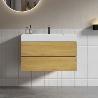 36 Inch Wall-Mounted Single Bathroom Vanity with Solid Surface Top with Overflow, Pre-Assembled