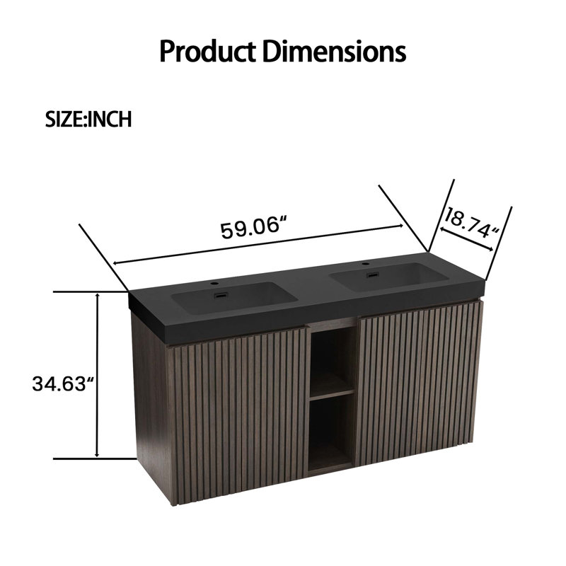Meuble-lavabo double 60 po en chêne fumé avec lavabo noir, Noir