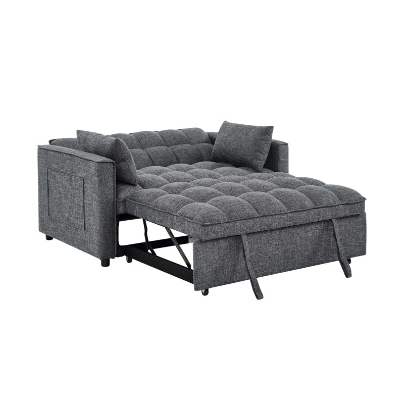 Lit convertible à 2 places, gris avec lit escamotable dissimulé, dossier pliable et poches latérales pour magazines, petite chambre d'amis convenant à un espace de vie compact