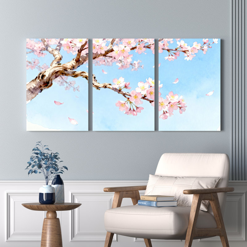 Ensemble de 3 tableaux aquarelles sur toile tendue représentant des branches de cerisier en fleurs, pour la décoration du salon et de la chambre.