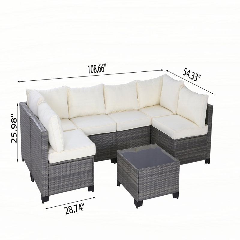 All-Weather 7-Piece Grey PE Wicker Patio Conversation Set with Beige Cushions and coffee table