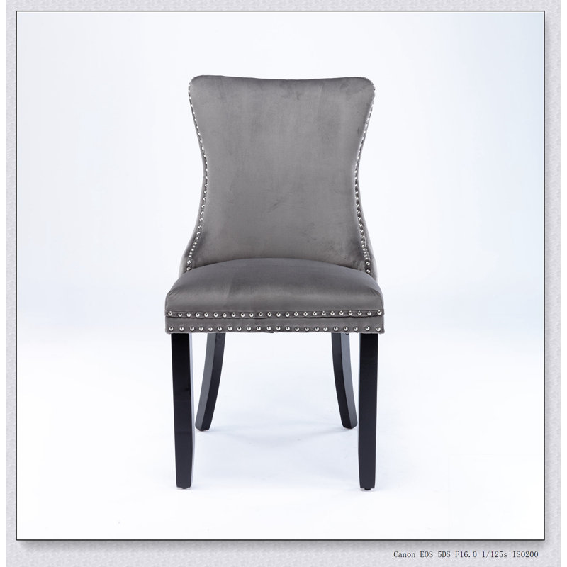 Furniture,Upholstered Wing-Back Dining Chair with Backstitching Nailhead Trim and Solid Wood Legs, Grey