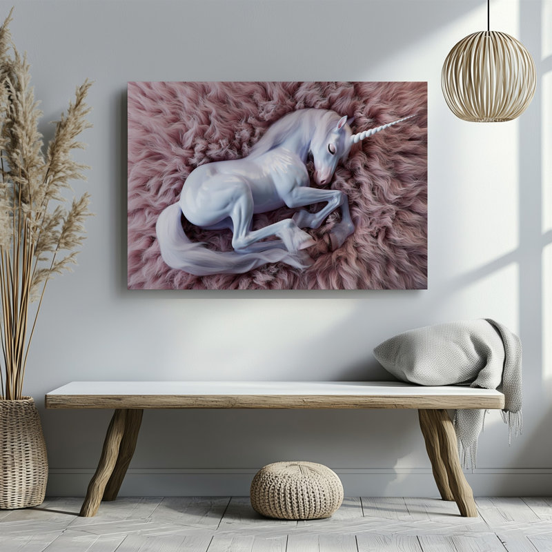 Toile, une licorne endormie sereine repose sur un fond rose pastel duveteux, ses caractéristiques délicates doucement illuminées par l'art mural