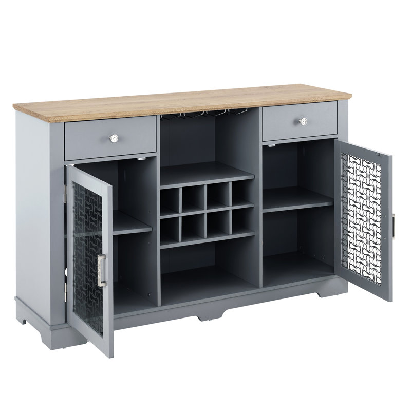Élégante armoire à buffet, 2 tiroirs, porte-bouteilles en verre et à vin, armoires à portes attrayantes, pour la cuisine et la salle à manger, armoire buffet exquise en chêne bleu avec porte-étagère, salle à manger,