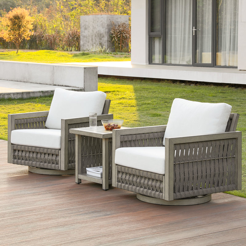Seehill 3 Pieces Patio Furniture Set, Outdoor Aluminum Swivel Patio Bistro Set With Washable Cushions, Rope Weave Patio Conversation Set, Outdoor Furniture Set For Garden, Porch, Deck, Pool, Gray Oak