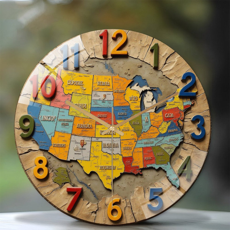 Wooden USA Map Wall Clock Vintage Home Decor Art - 12'' Modern Glass Wall Clock