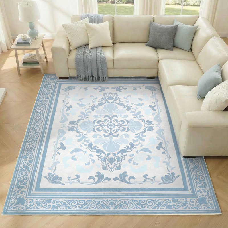 8' X 10' Faux Cashmere Floral Area Rug with TPE Non-Slip Backing, Soft Decorative Carpet for Living Room or Bedroom,Dusty Blue