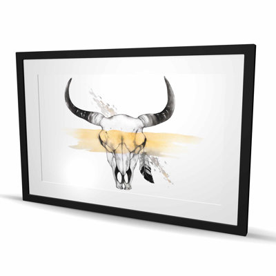 Cow Skull with Feather - Yellow Bedroom Framed Print Decor