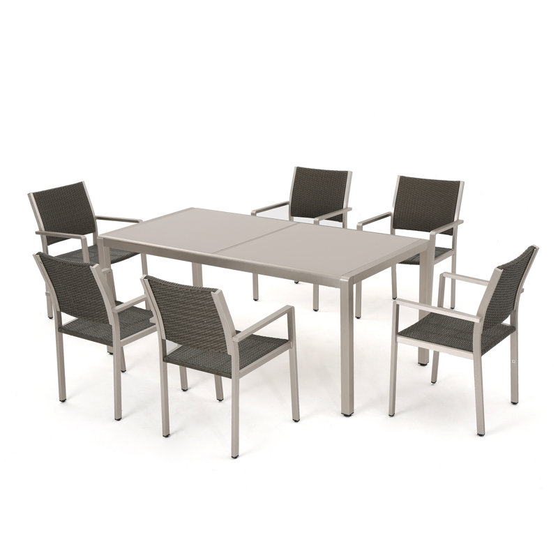 Ensemble repas pour 6 personnes en aluminium et osier avec table rectangulaire Caggiano