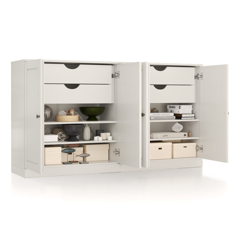 100% Solid Wood 64" Sideboard with Solid Doors, 4-Drawers and Adjustable Shelves, White
