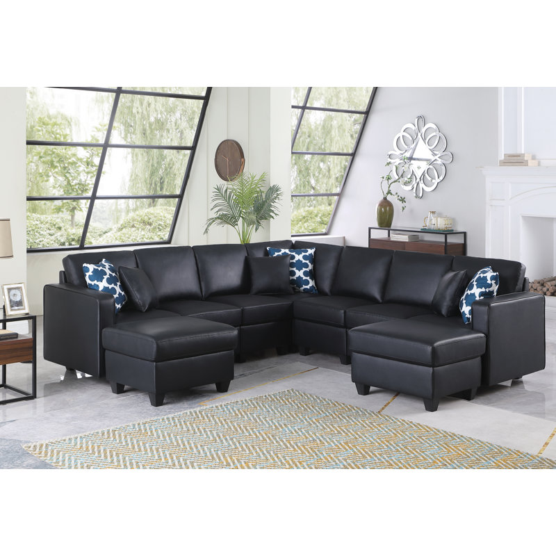 Canapé modulaire réversible en similicuir avec repose-pieds, Similicuir noir