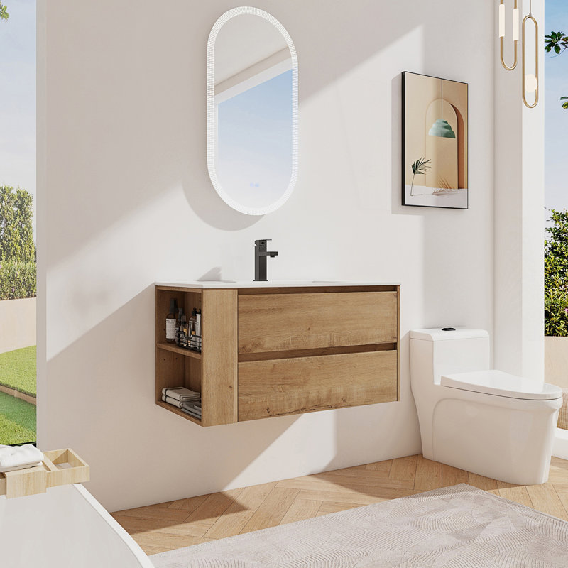 Meuble-lavabo mural avec lavabo en céramique et tiroir à fermeture en douceur, Imitation de chêne