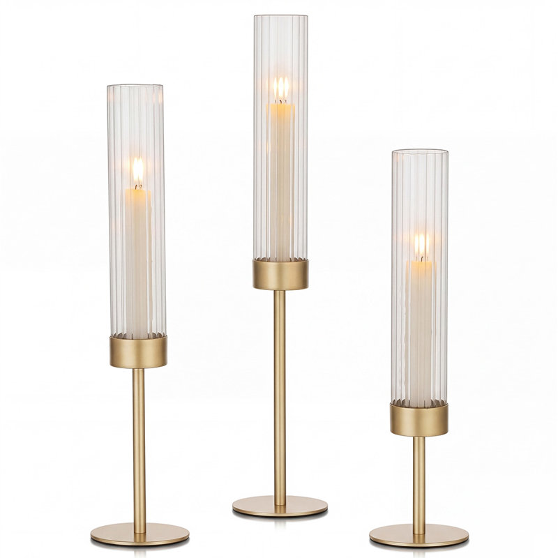 3 Piece Metal,Crystal，Glass Tabletop Hurricane Set