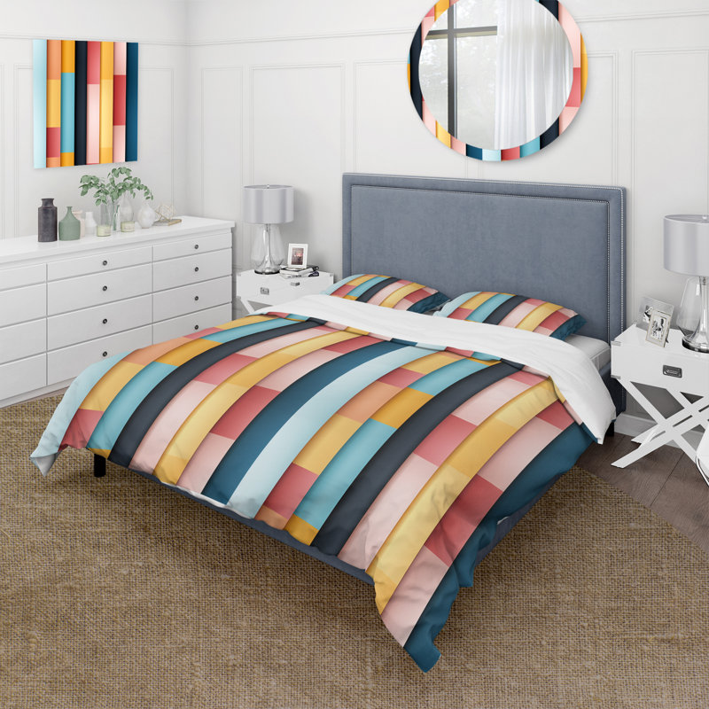 Vibrant Serenity Blue And Pink Lines Pattern I - Ensemble de housse de couette rayé