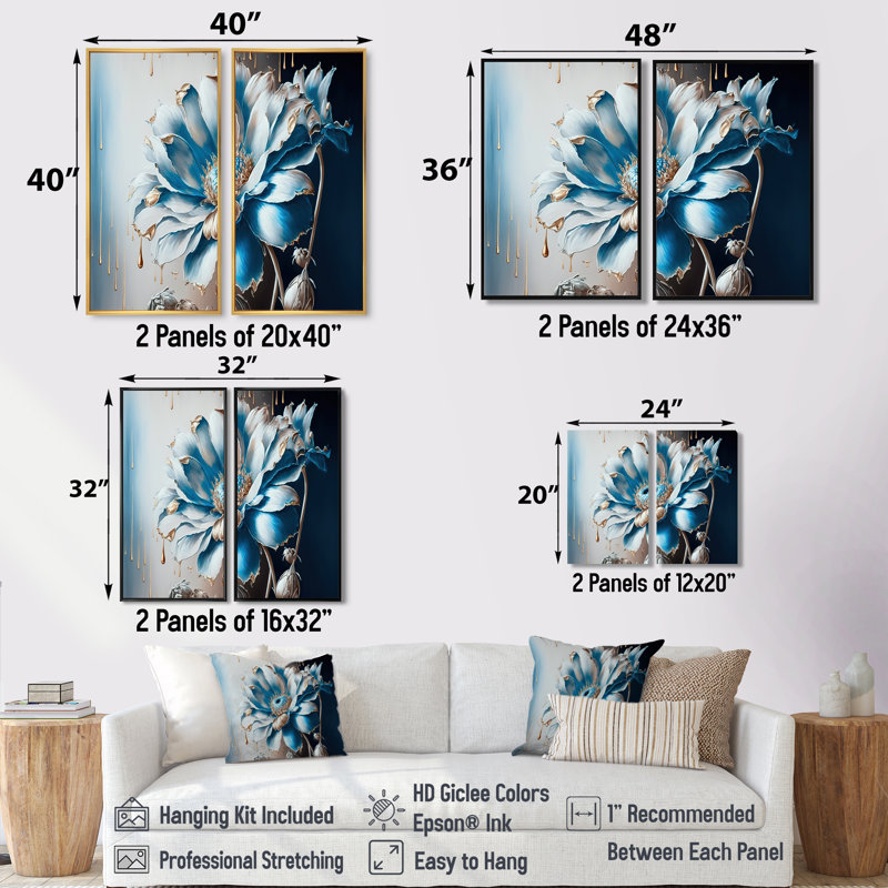 Ice Blue Daisy I - Floral Daisy, art mural 2 pièces, H 20 po x l 24 po, Impression encadrée flottante, Noir