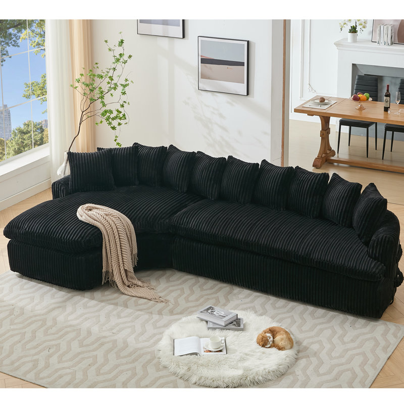 Grand canapé modulaire 127 po, Velours côtelé noir, 21 po H x 29 po P