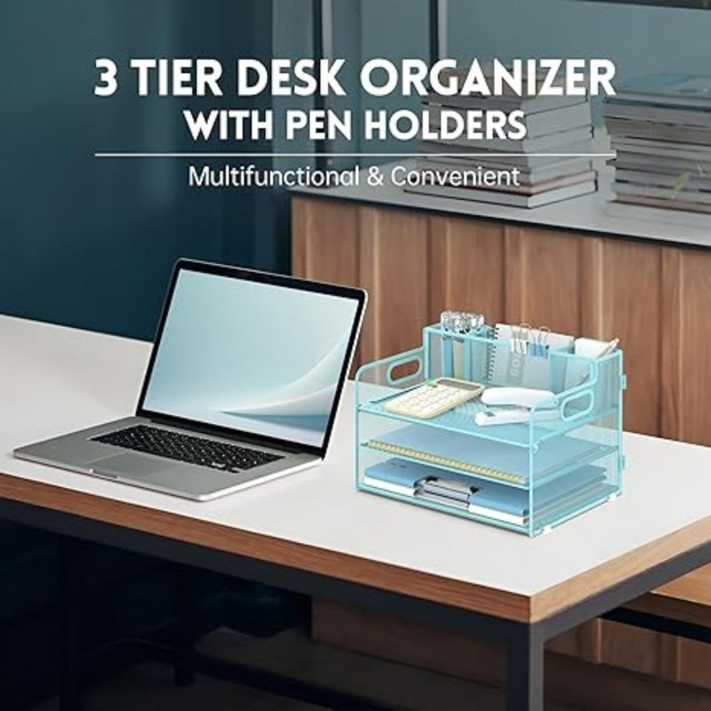 Organisateur de bureau à 3 niveaux avec poignée et 3 porte-stylos, Bleu