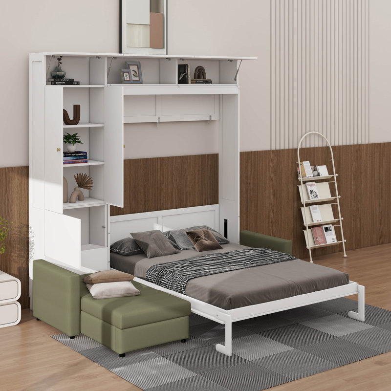 Grand lit escamotable avec canapé et tablettes, White Panel/Green Sofa