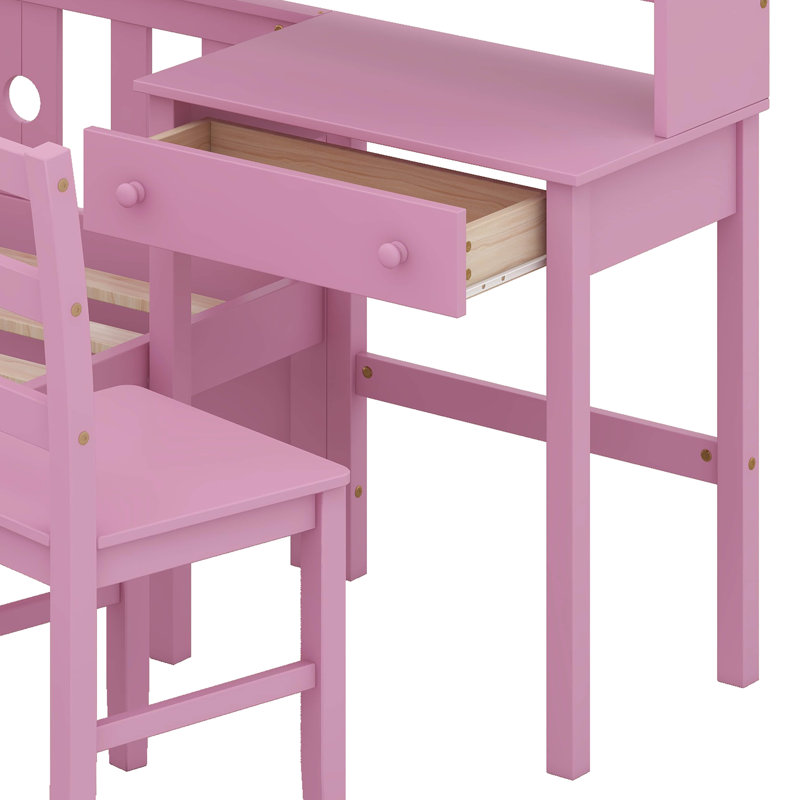 Multifunctional Wood Platform Bed With Bookshelf At The Head Of The Bed, Built-In Desk And Matching Chair, Pink