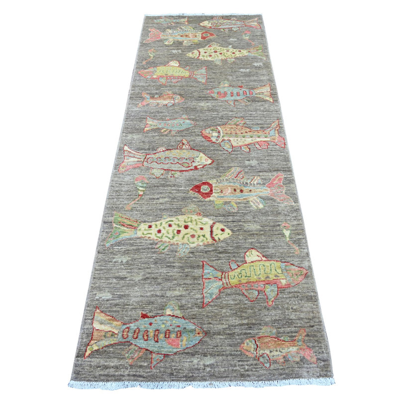 Tapis de couloir oriental oriental brun 2 pi 9 po x 8 pi avec motif de poissons océaniques colorés en laine douce et veloutée noué à la main