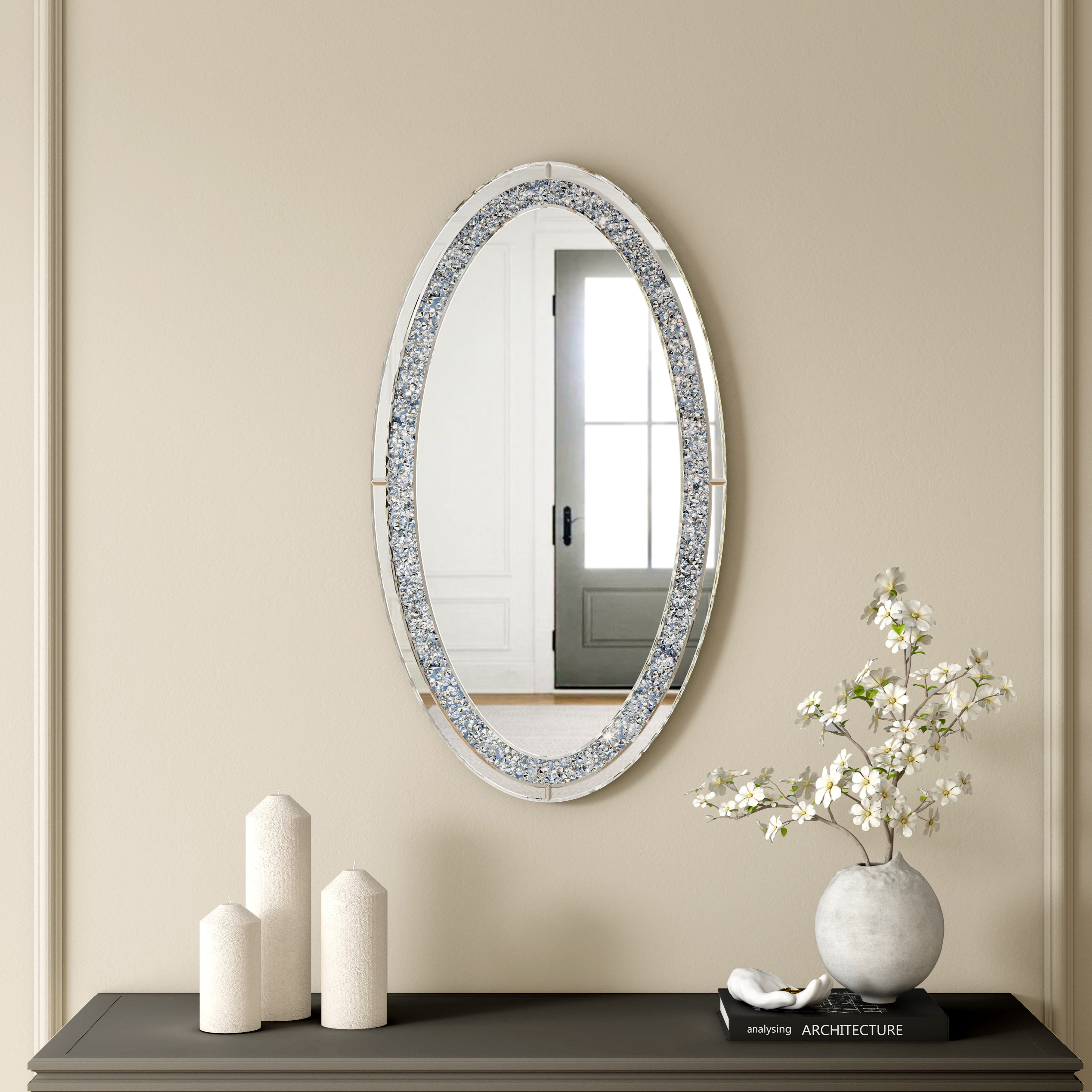 Faustine 35" Oval Wall Mirror with Crushed Diamond Inlay