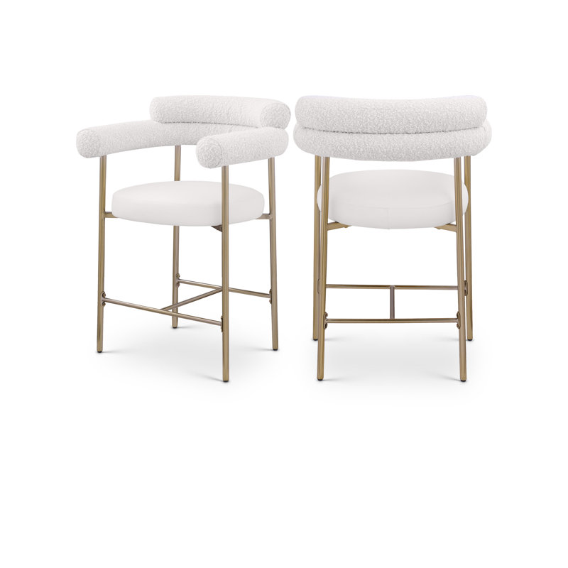 Tabouret de comptoir 26 po Blake, Cuir végétalien / tissu bouclé, Crème, crème, Or brossé