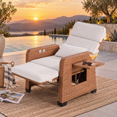 Outdoor Wicker Recliner Chair, Patio Lounge Chair With Adjustable Backrest & Footrest, Flip-Up Table-Honey Brown Wicker / Ivory White