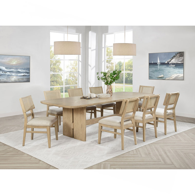 Beige Oak 9-piece Rectangular Wood Dining Table Set