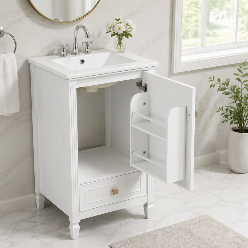Meuble-lavabo de salle de bain avec tablette de rangement et porte à fermeture en douceur
