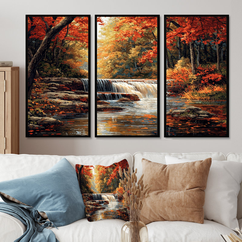 «Orange Autumn Mountain Waterfall Long View III - Waterfall», ensemble de reproduction d'art mural
